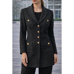 St. John Black Textured Knit Blazer Jacket Gold Buttons Size 14 USA